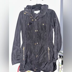 Michael Kors Black Raincoat with Hood (Zip Up & Buttons) Size Small